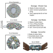 Load image into Gallery viewer, KANYOGA - SHOWER CAP, SCRUNCHIE & EYE MASK - FLORAL LAKE DITSY PRINT - SET OF 3