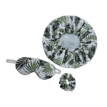 Load image into Gallery viewer, KANYOGA - SHOWER CAP, SCRUNCHIE & EYE MASK - PALM LEAF PRINT - SET OF 3