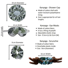 Load image into Gallery viewer, KANYOGA - SHOWER CAP, SCRUNCHIE & EYE MASK - PALM LEAF PRINT - SET OF 3