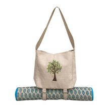 Load image into Gallery viewer, Tree of Life Embroidered Cotton Tote Bag With Bottom Mat Holder - Beige &amp; dark green
