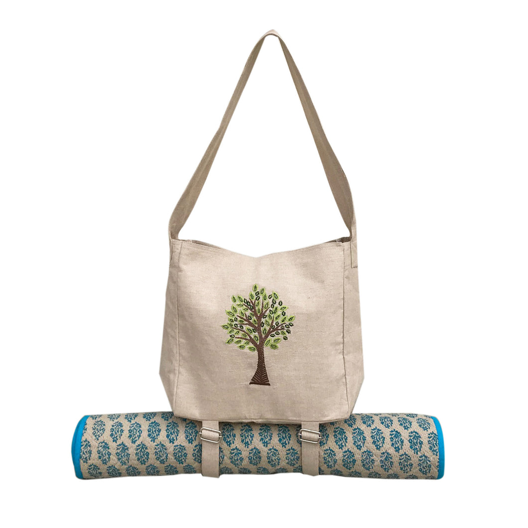 Tree of Life Embroidered Cotton Tote Bag With Bottom Mat Holder - Beige & dark green