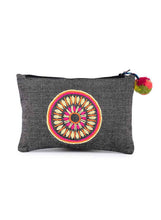 Load image into Gallery viewer, Kanyoga Charcoal Chambray Base Embroidery Cotton Pouch With Pom Pom Attached For Women