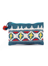 Load image into Gallery viewer, Kanyoga Teal Chambray Base Unique Embroidery Cotton Pouch With Pom Pom Attached For Women