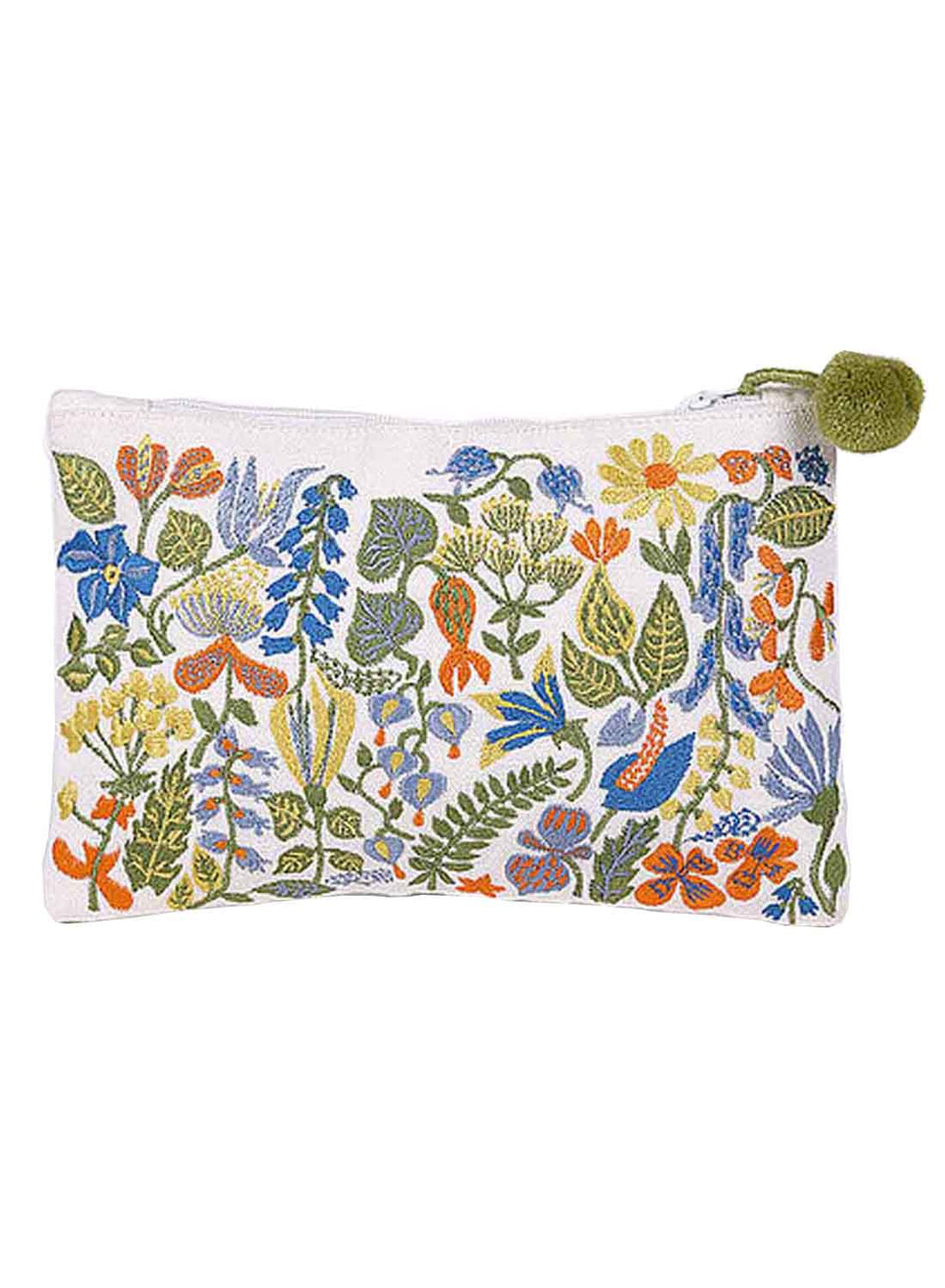 Kanyoga Spring Garden Embroidery Cotton Pouch With Pom Pom Attached For Women