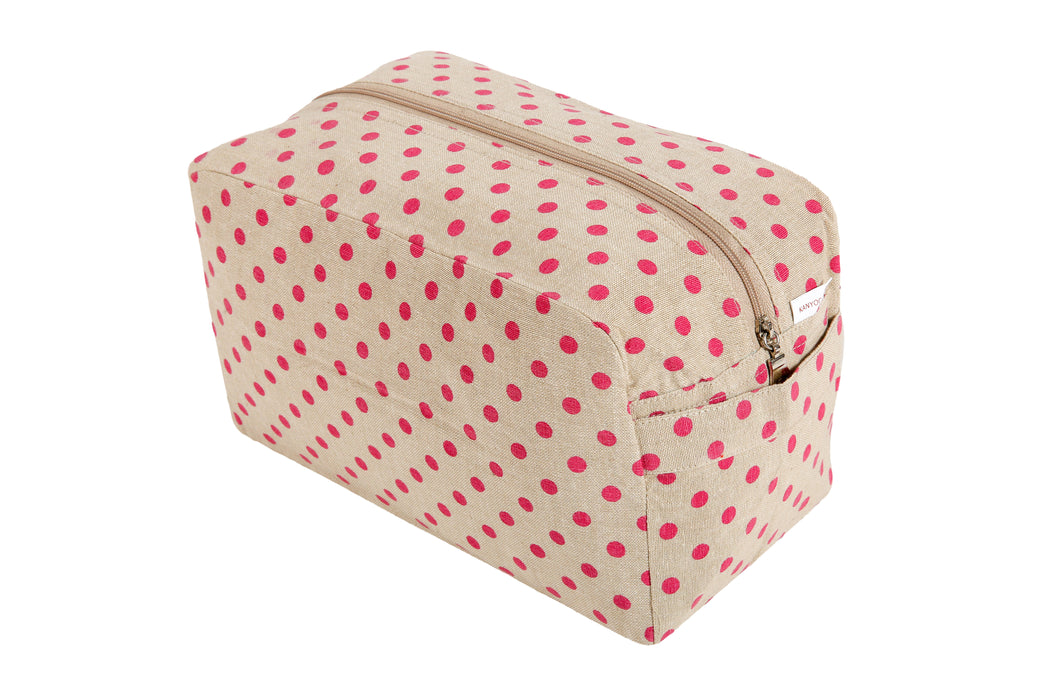 Utility/Cosmetic Pouch Bag - Polka Dot Print - Beige & Magenta