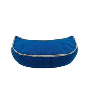 Load image into Gallery viewer, Meditation Cushion Crescent Shaped Zafu Filled With Buckwheat Hulls - Solid Blue Crescent Cushion with Piping
