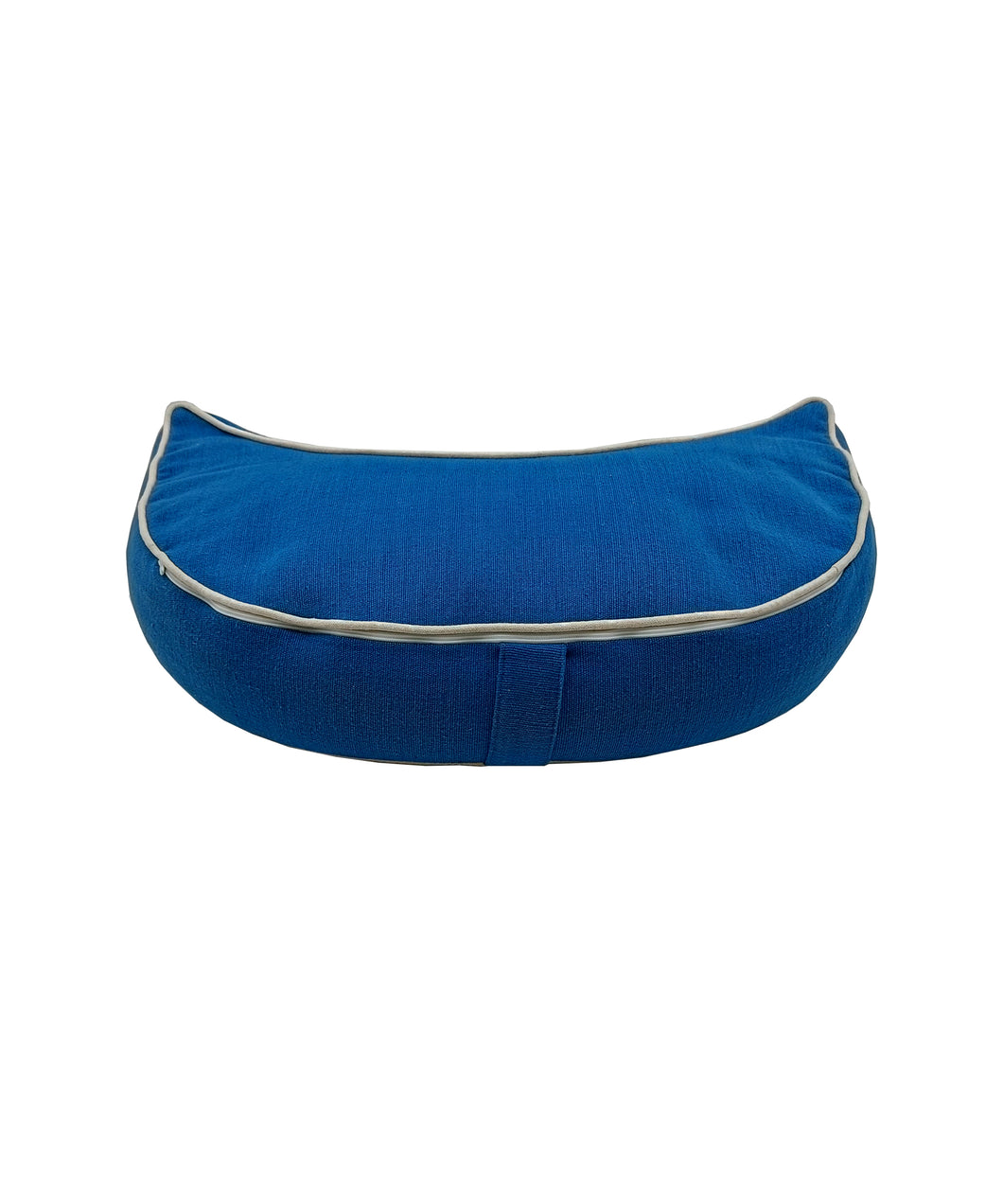 Meditation Cushion Crescent Shaped Zafu Filled With Buckwheat Hulls - Solid Blue Crescent Cushion with Piping
