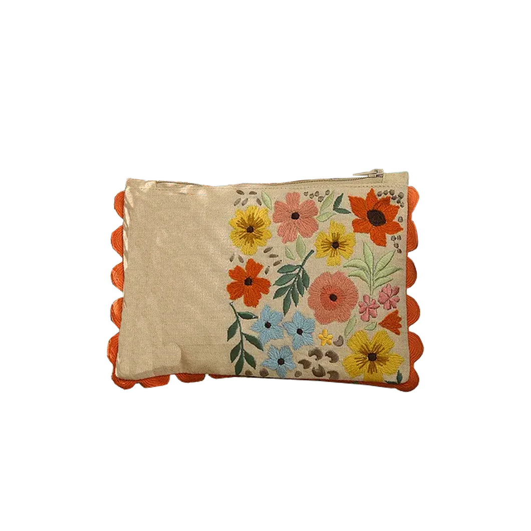 Kanyoga - Floral Embroidered Scallop Pouch