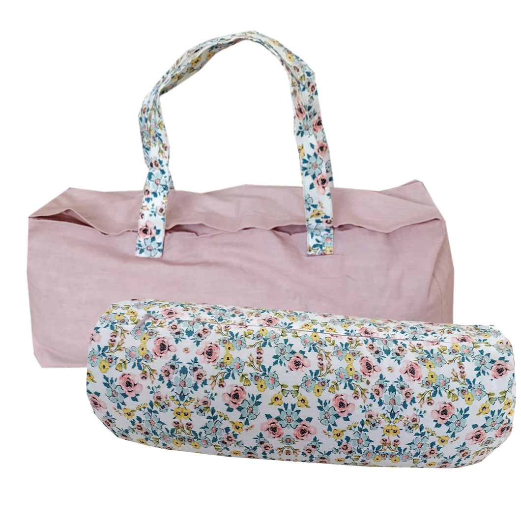 Buckwheat Hull Bolster with Carry Bag - Floral Lake Ditsy print - Pink