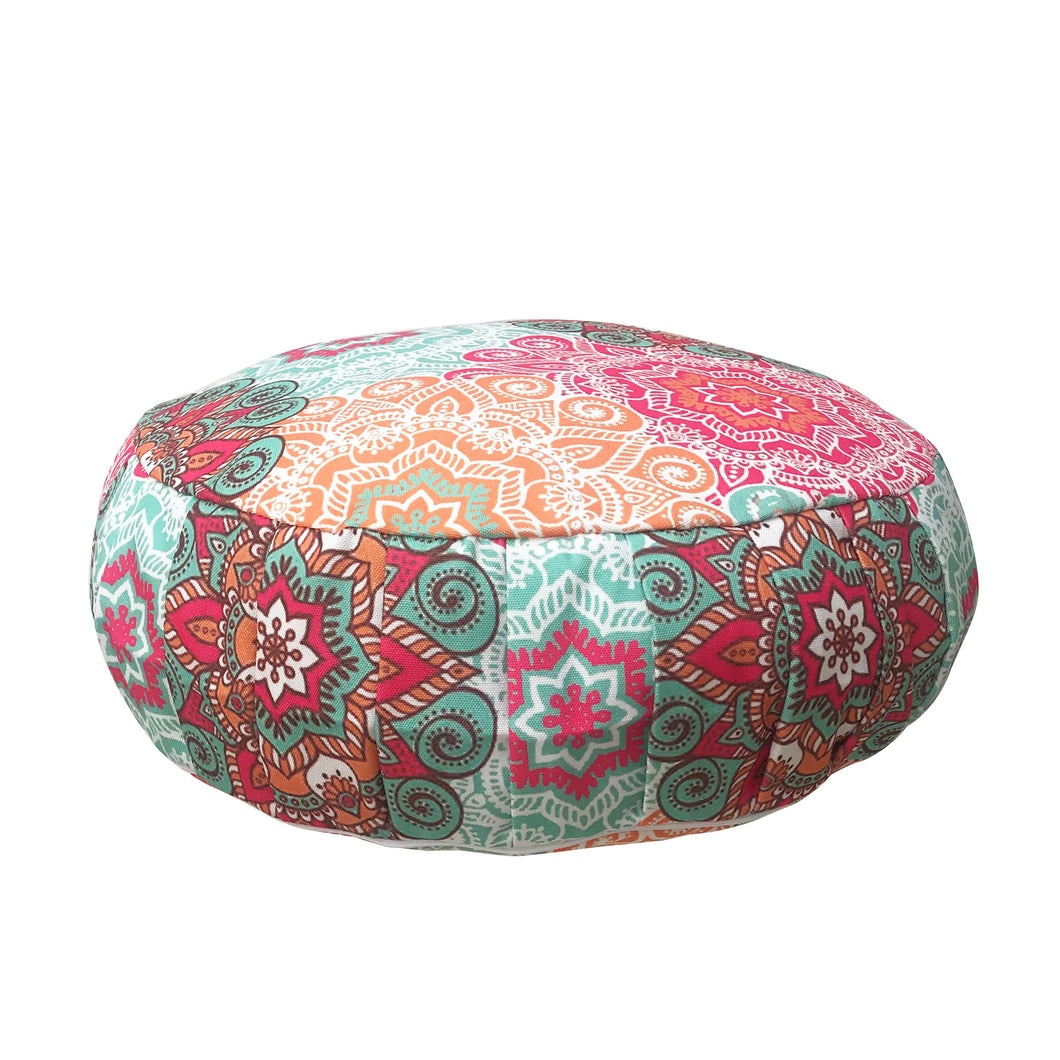 Meditation Cushion Zafu With Buckwheat Hulls Filled - Mandala Print - Multicolor