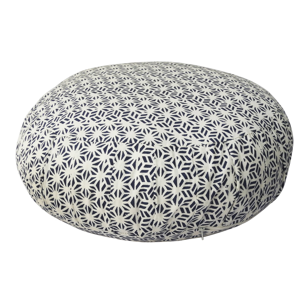 Meditation Cushion Zafu With Buckwheat Hulls Filled - Geometric Print - Royal Blue & White