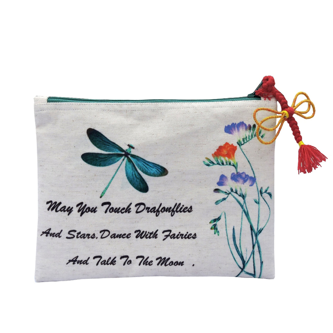Hand Pouch With Dragonfly Print - Multicolor