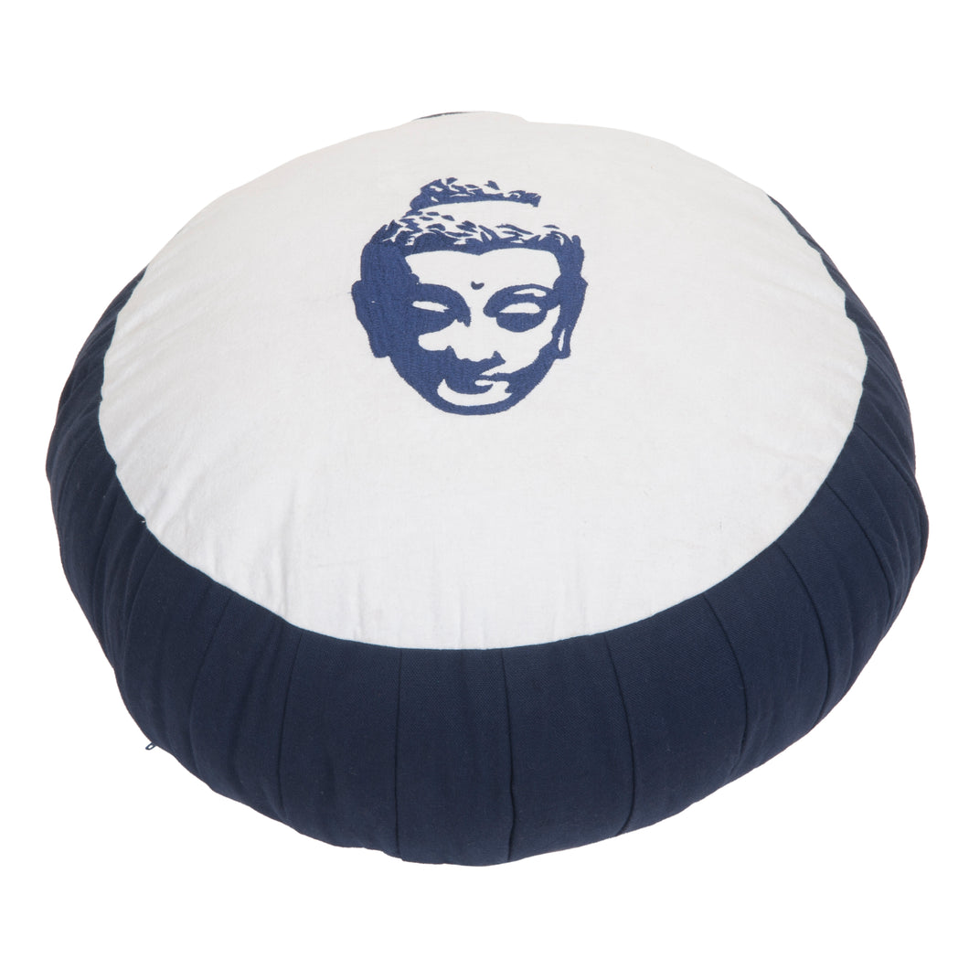 Meditation Cushion  Zafu With Buckwheat Hulls Filled - Buddha Embroidered - Dark Blue & White