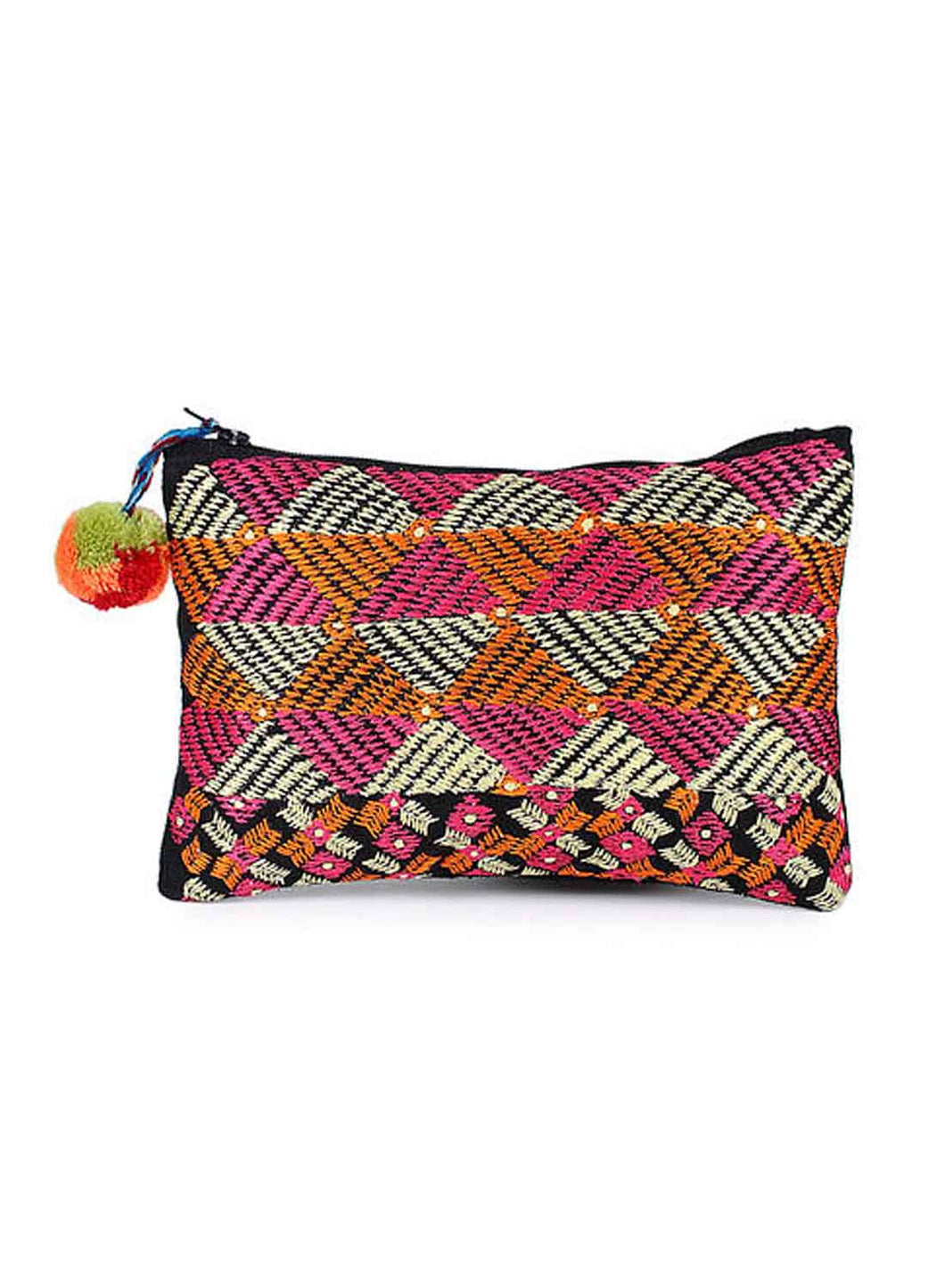 Kanyoga Casement Base All Over Phulkari Embroidery Cotton Pouch With Pom Pom Attached For Women