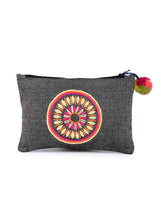 Load image into Gallery viewer, Kanyoga Charcoal Chambray Base Embroidery Cotton Pouch With Pom Pom Attached For Women
