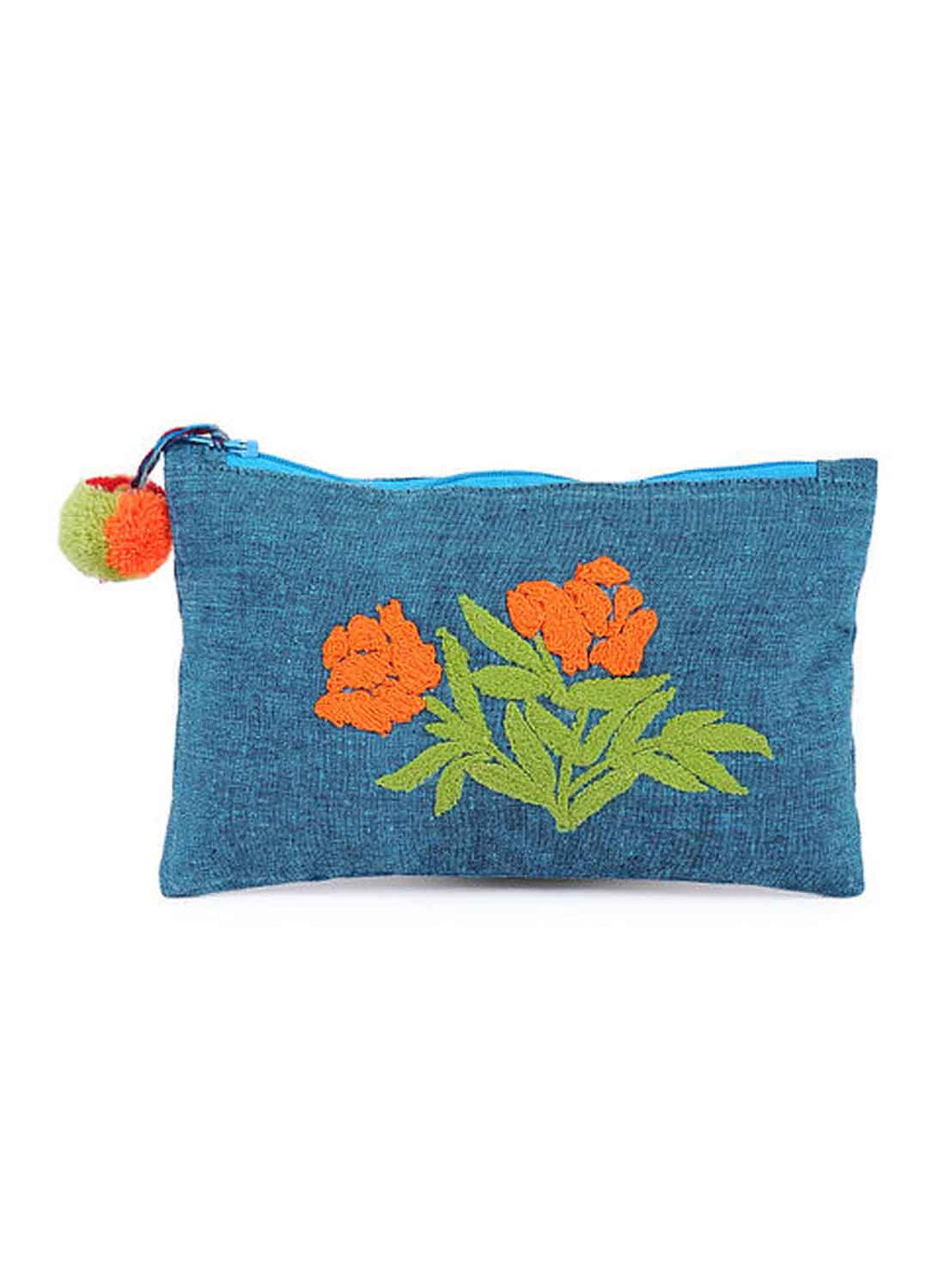Kanyoga Teal Chambray Base Unique Embroidery Cotton Pouch With Pom Pom Attached For Women