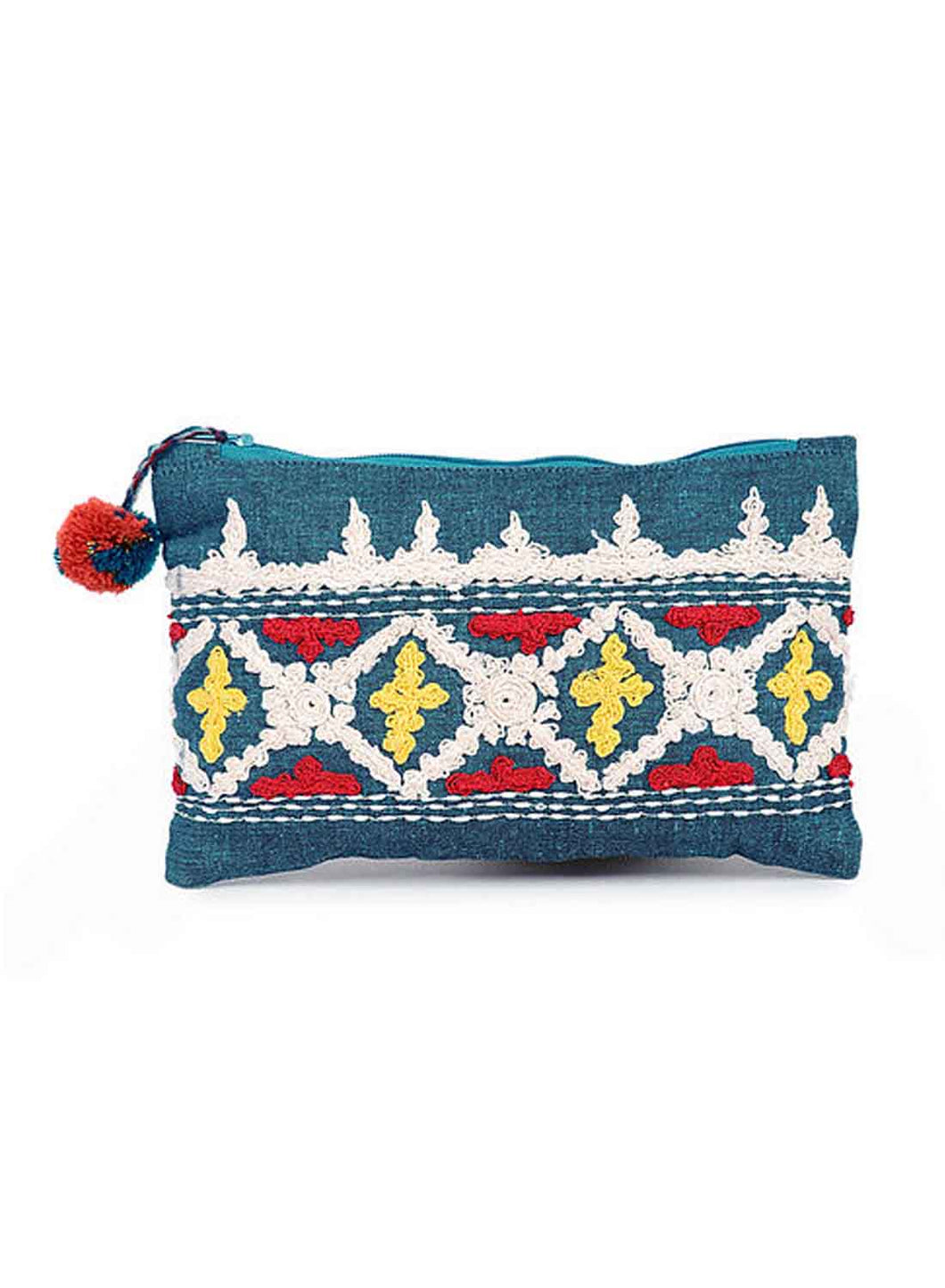 Kanyoga Teal Chambray Base Unique Embroidery Cotton Pouch With Pom Pom Attached For Women