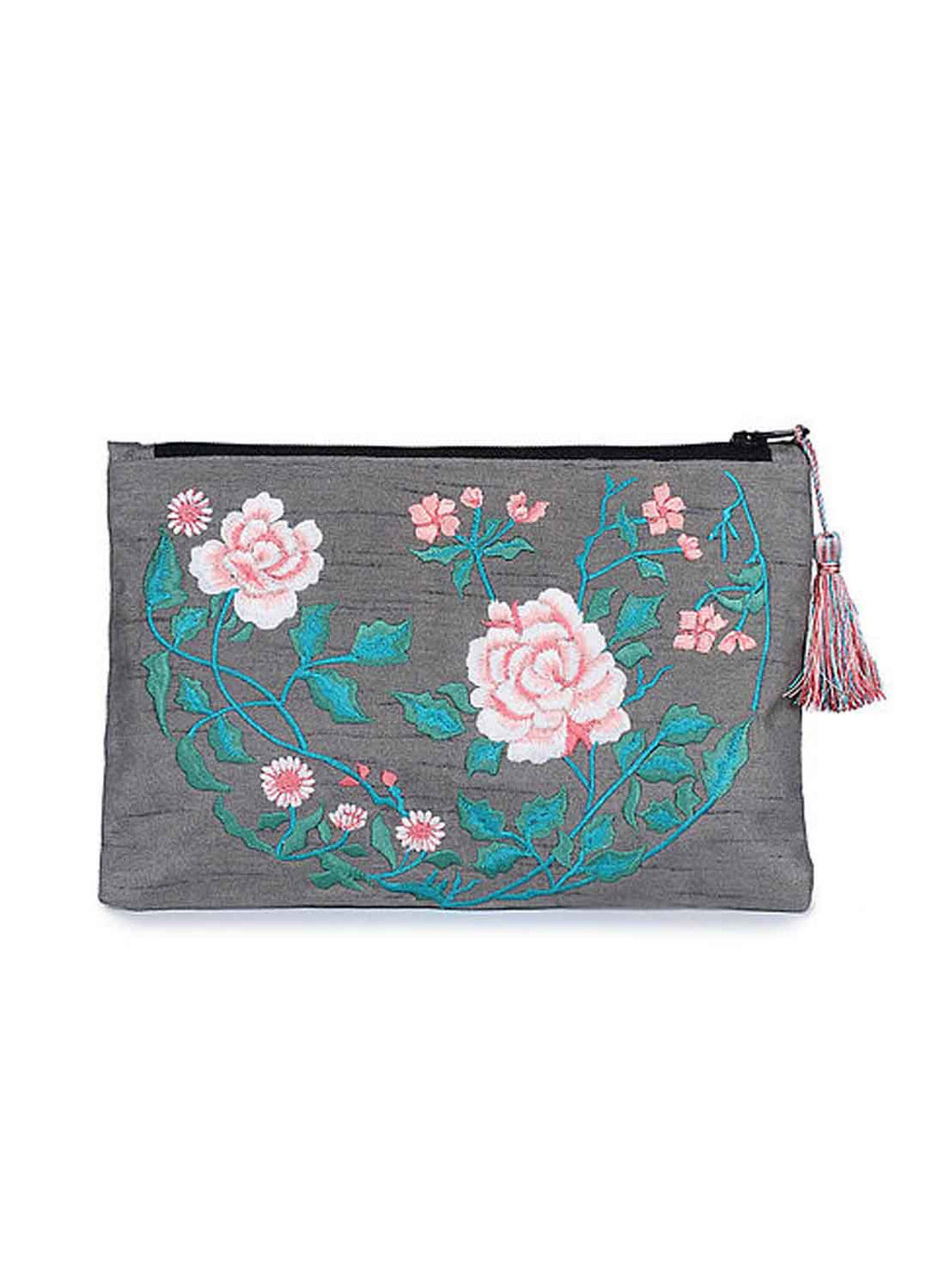 Kanyoga Embroidered Poly Dupion Pouch With Tassel Attached For Women