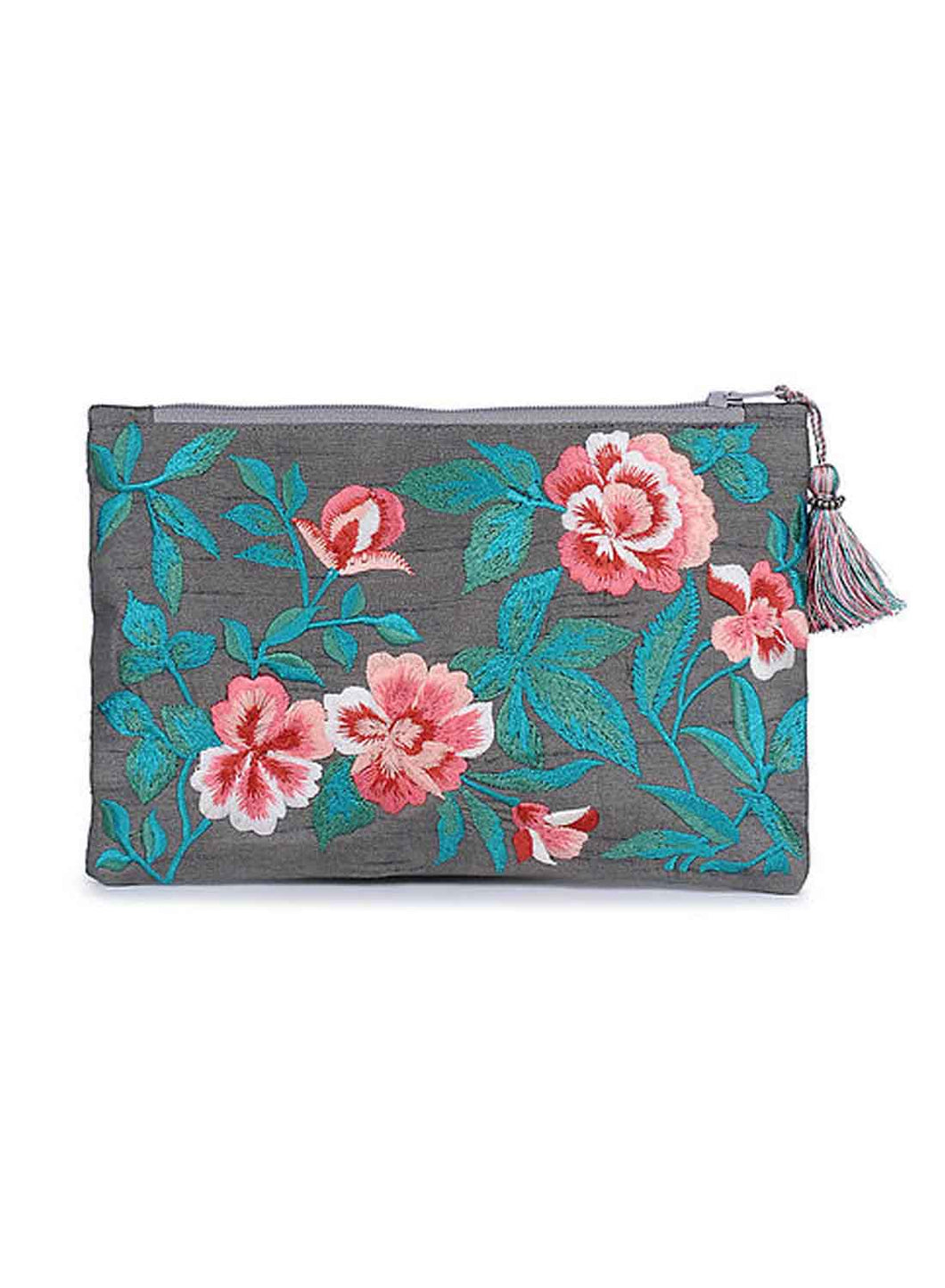 Kanyoga Embroidered Poly Dupion Pouch With Tassel Attached For Women