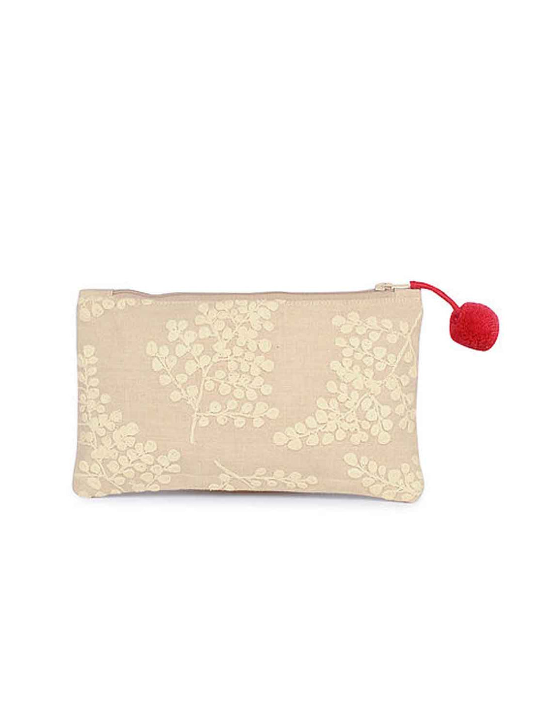 Kanyoga Embroidered Cotton Pouch With Pom Pom Attached For Women