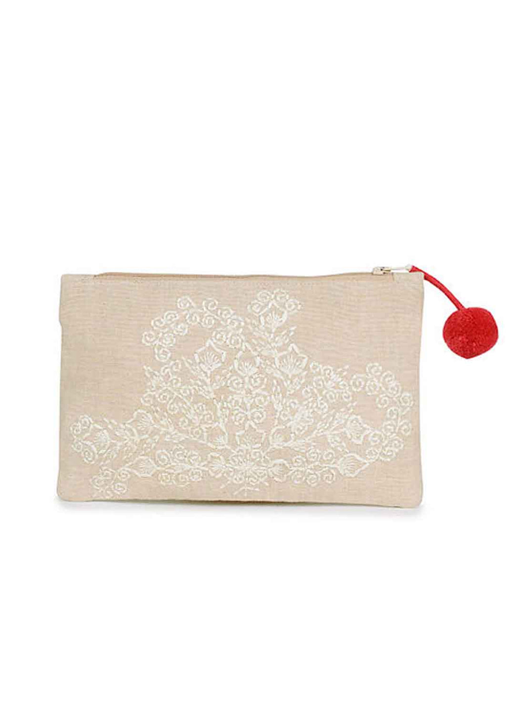 Kanyoga Embroidered Cotton Pouch With Pom Pom Attached For Women