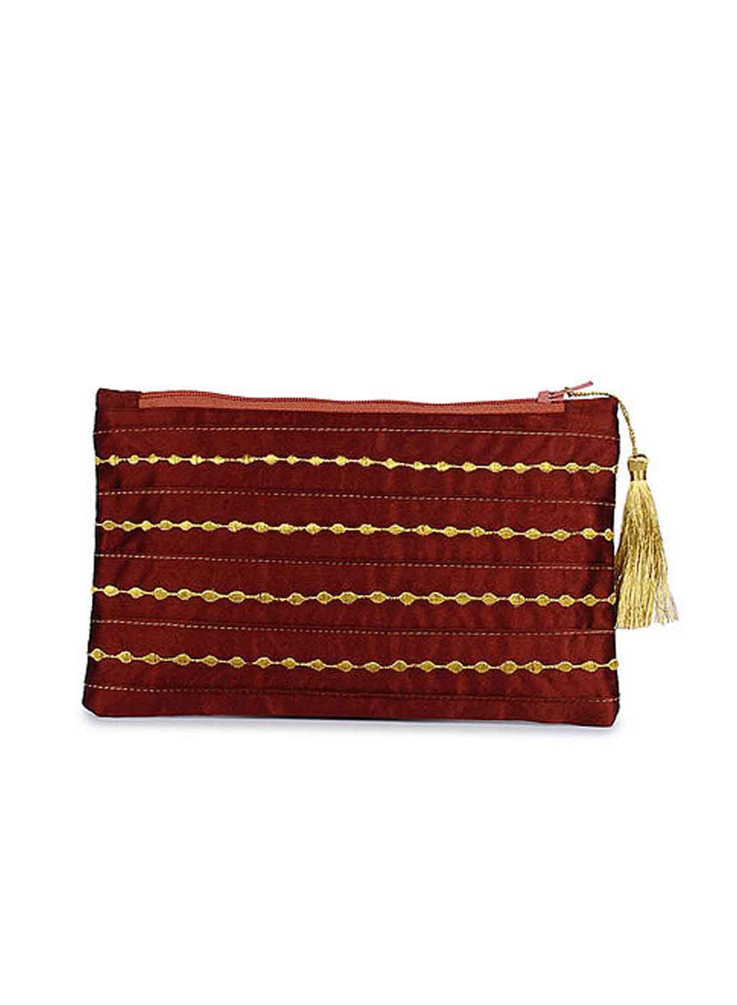 Kanyoga Embroidered Satin Pouch With Tassel Attached For Women