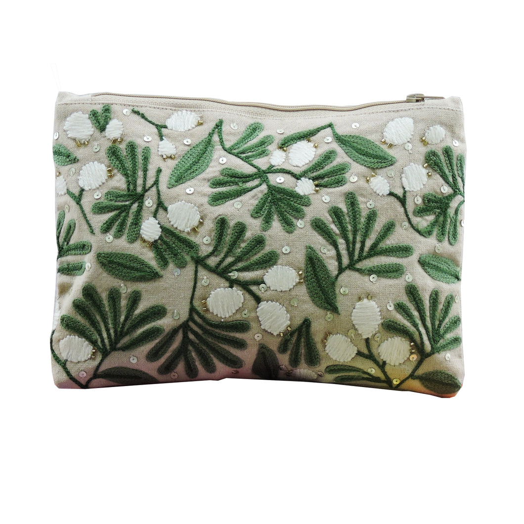 Kanyoga - Leaf embroidered pouch  with touch of sequins and cut dana