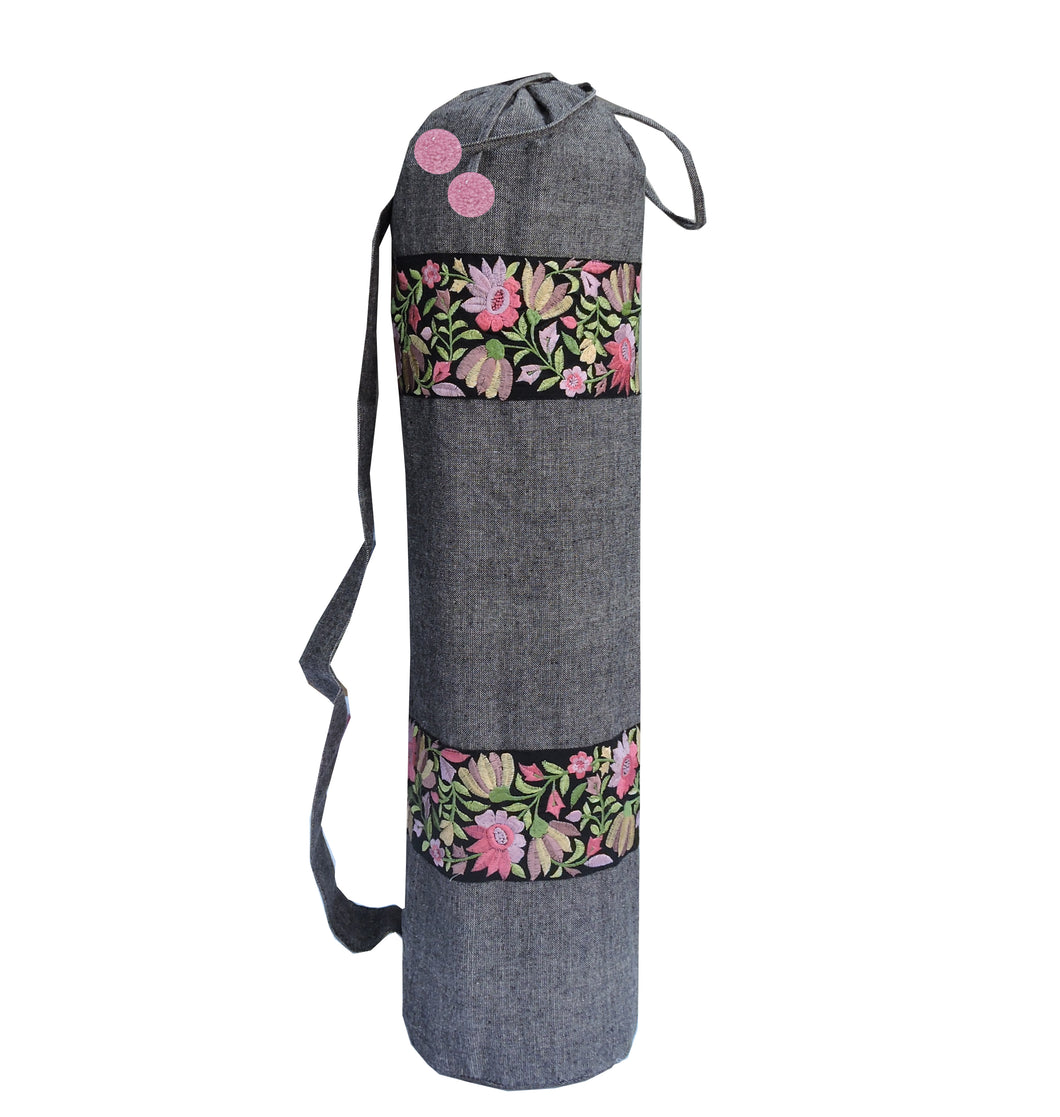 Yoga Mat Bag with Multicolor Embroidered Border - Charcoal Grey