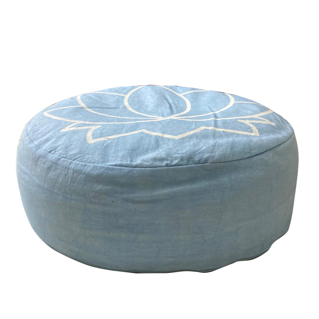 Meditation Cushion Zafu with White Lotus Print - Light Blue