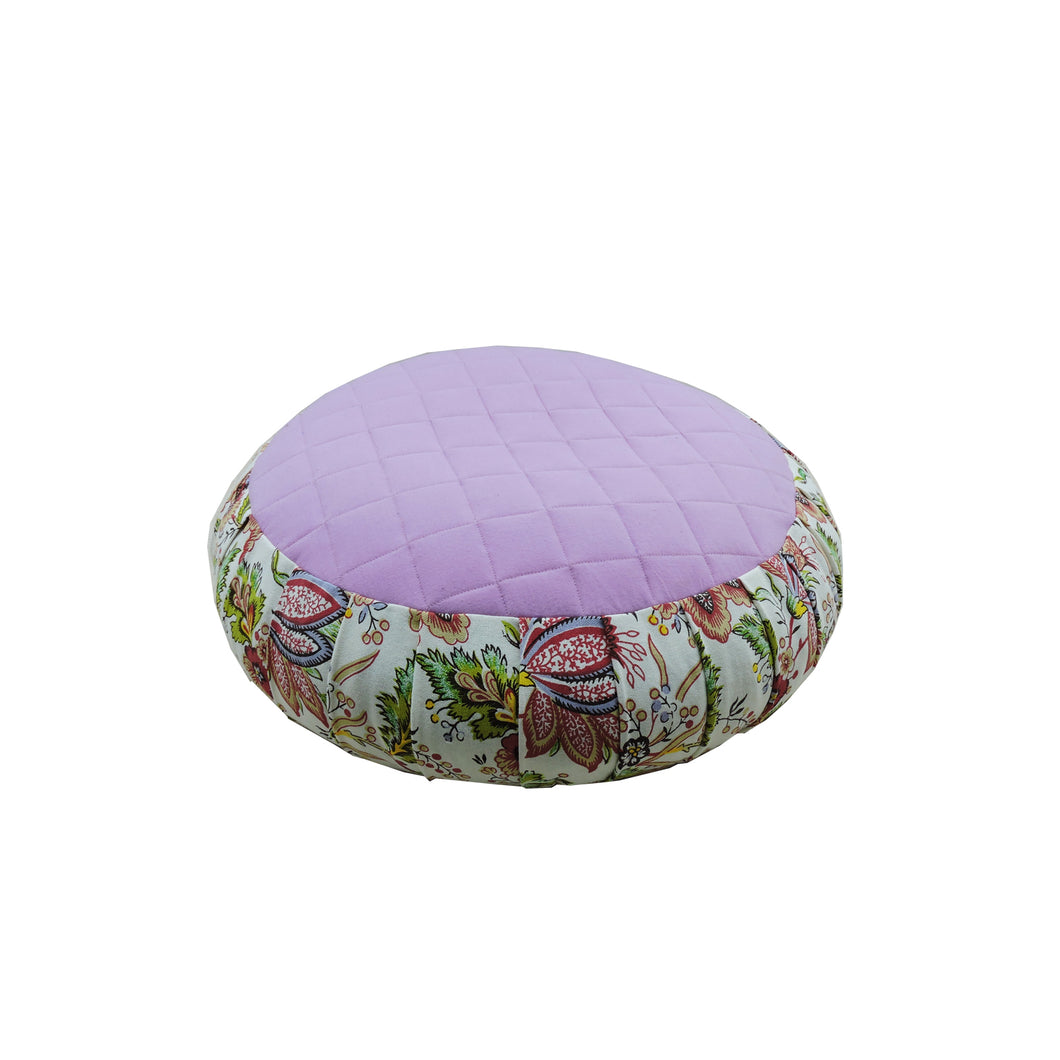 Meditation Cushion Zafu With Buckwheat Hulls Filled - Quilted & Floral Print - Purple & Multi